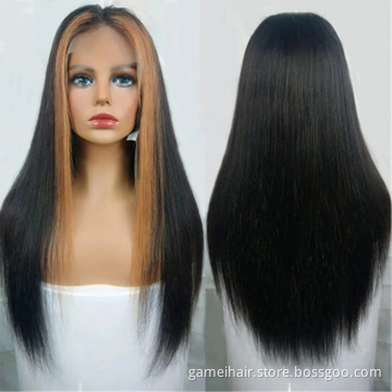 2021wholesale frontal custom wigs 100% human hair 13x4 Lace Front Wig Straight hair Honey Blonde Highlights Natural Hairline